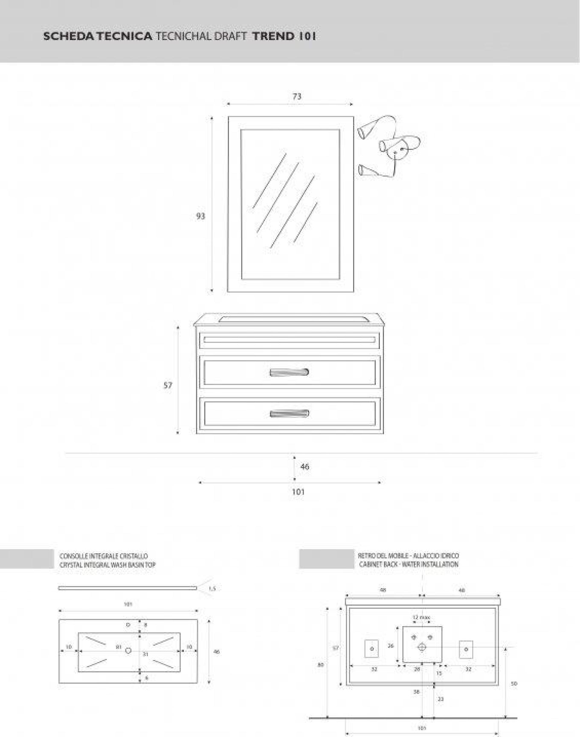 Мебельная раковина 101 см Cezares Trend TR101/CR.BiaExCh bianco extra chiaro