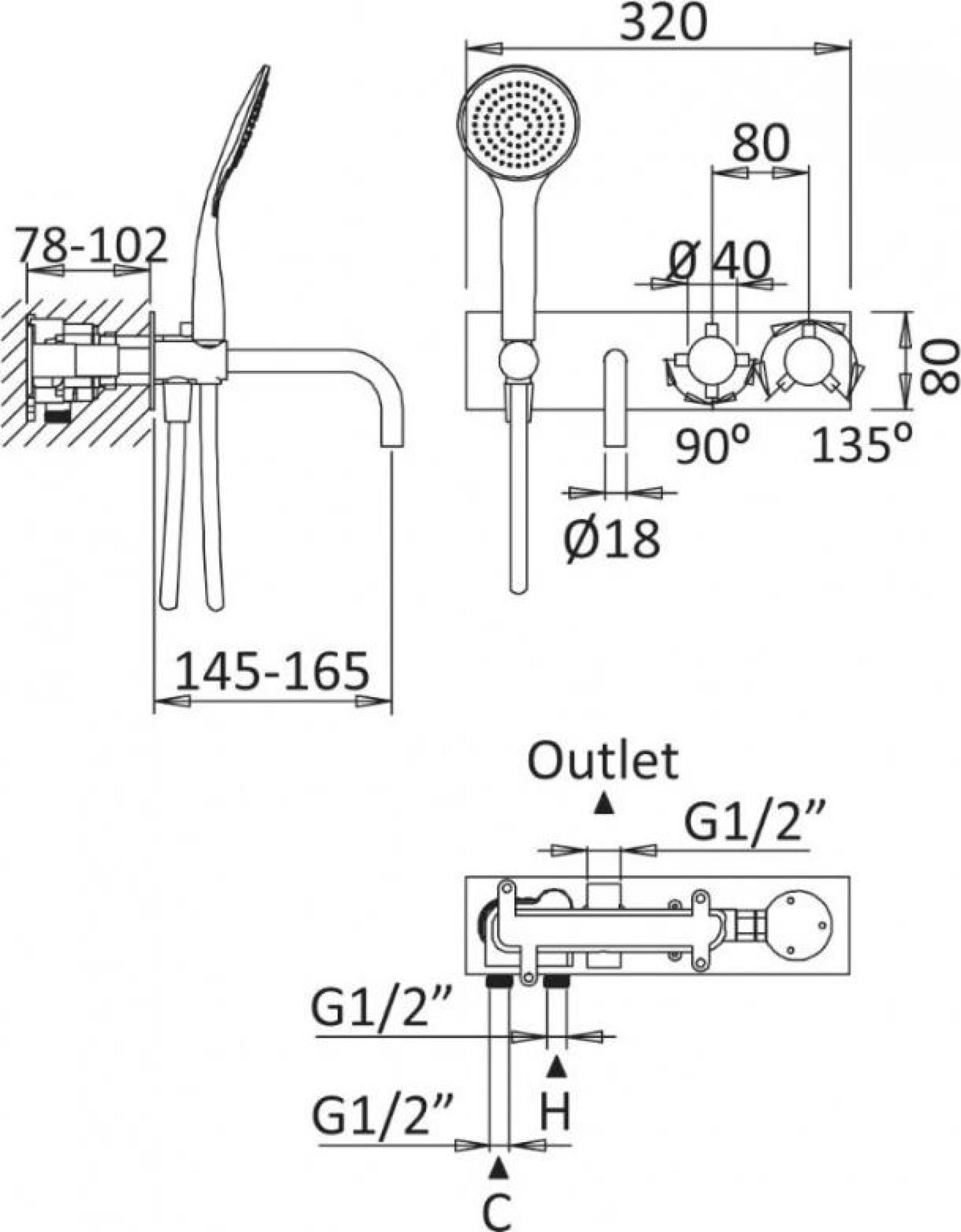 Смеситель для ванны и душа Cezares CZR-B-VDM2-T-03/24, золото