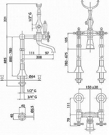 Смеситель для ванны и душа Cezares GOLF-VDP2-01-Bi, хром