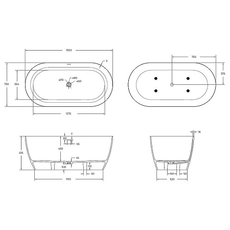 Ванна из искусственного камня Cezares CZR-RELAX-150-75-57-SSB 150x75, белый матовый