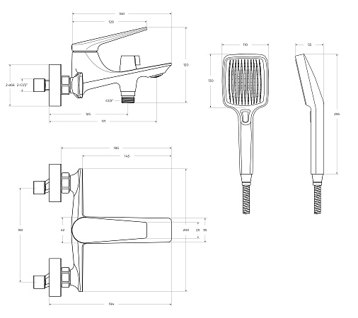 Смеситель для ванны с душем Cezares Liner LINER-VD-GM оружейная сталь