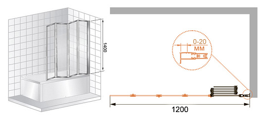 Шторка на ванну Cezares Pratico V5 120/140 P Cr R