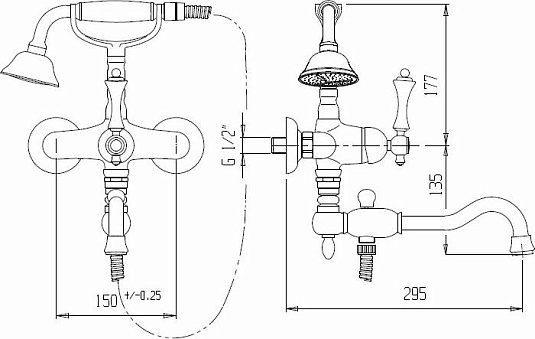Смеситель для ванны и душа Cezares MARGOT-VDFM2-03/24-N, золото